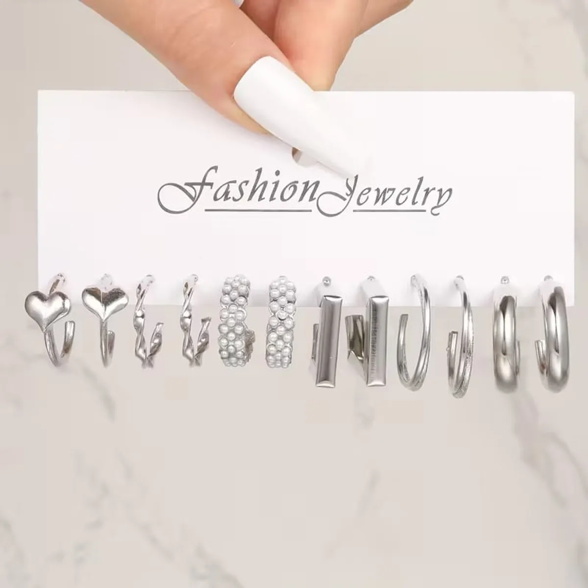 48pcs Fashion Easy Twisted Heart Faux Pearl Silver Earrings Set