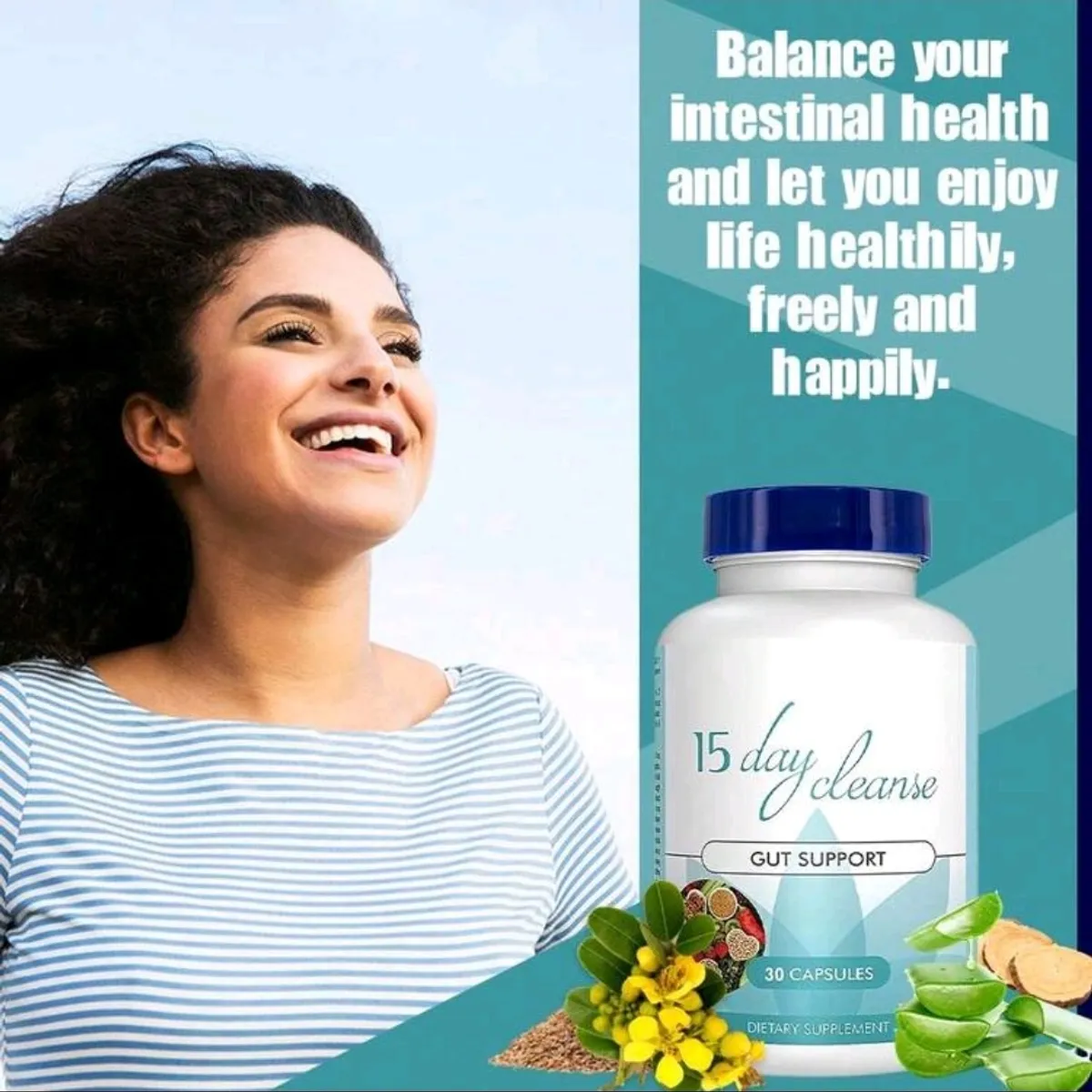 1 Bottle 15 Day Cleanse - Gut And Colon Support | Caffeine Free | Advanced Formula With Cascara Sagrada, & Psyllium Husk- Size 30CAP