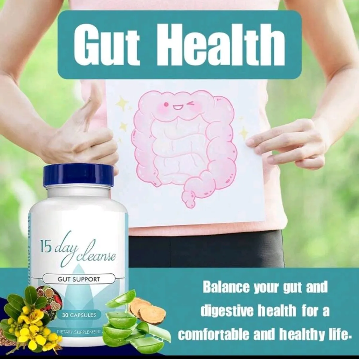 1 Bottle 15 Day Cleanse - Gut And Colon Support | Caffeine Free | Advanced Formula With Cascara Sagrada, & Psyllium Husk- Size 30CAP