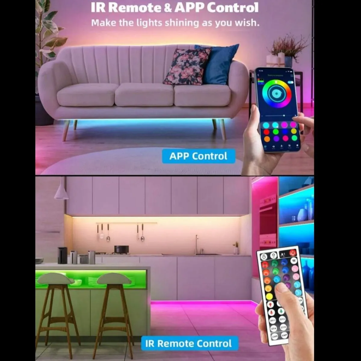 1pc 3.28ft/1M 44-Key Remote Control Smart App Controlled RGB5050 LED Strip Lights, Multicolor Changing Lights