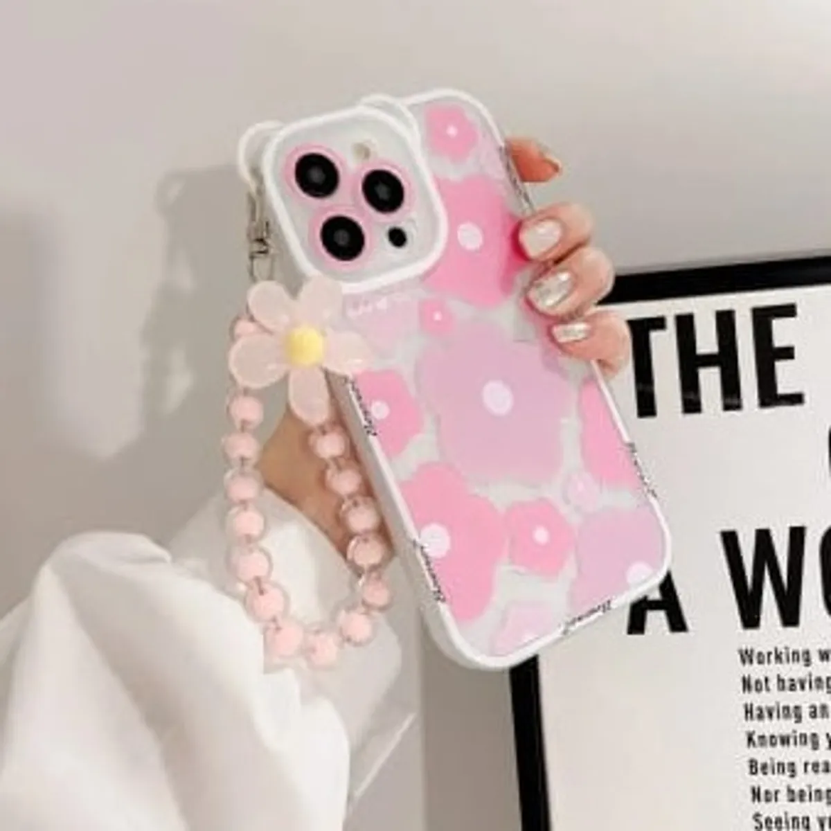 3D Bear Ears Flower Hanging Chain iPhone 14 Pro Max Phone Case