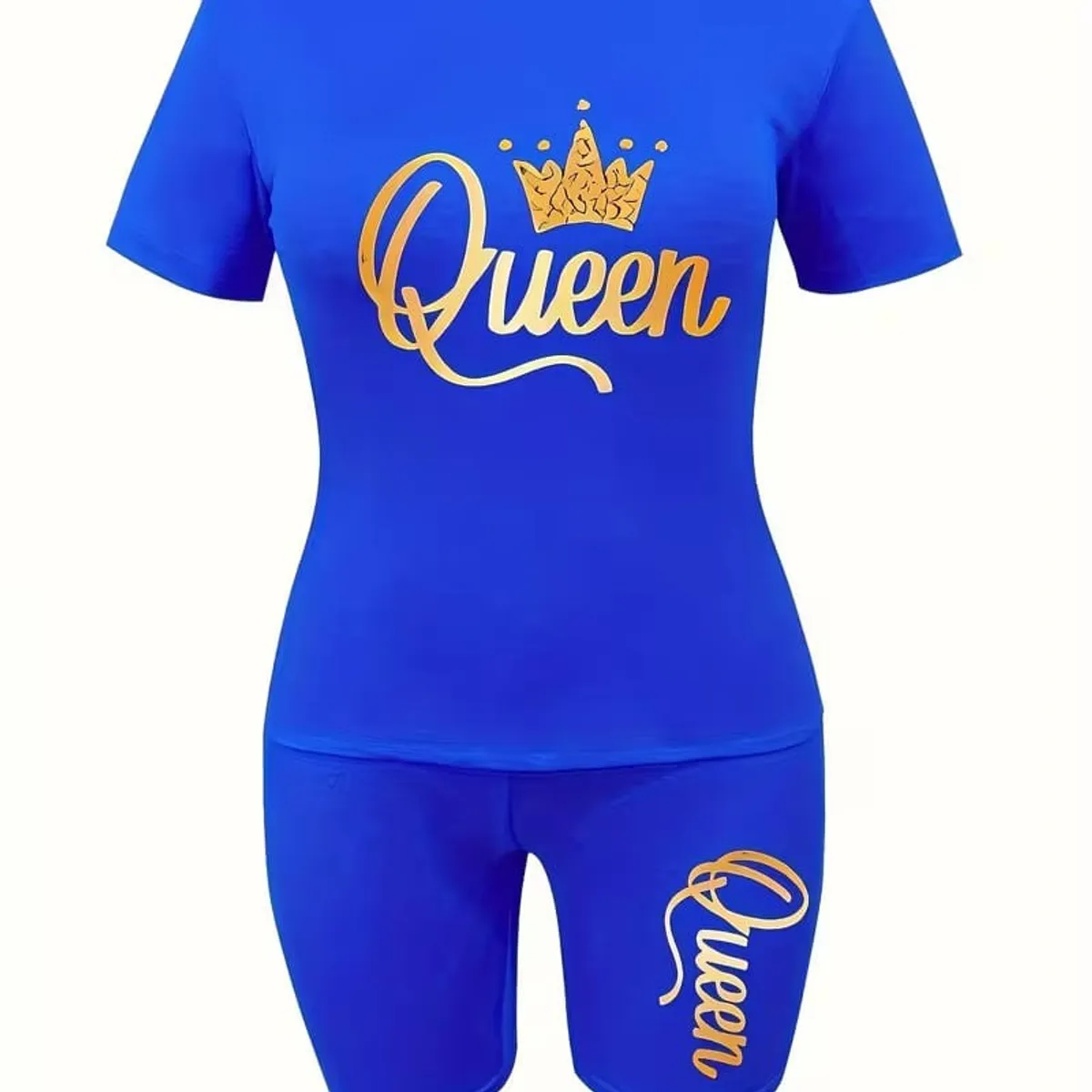 Plus Size QUEEN Print Biker Shorts Set, Short Sleeve Crew Neck T-shirt & Biker Shorts, Women's Plus Size Clothing-Size XL