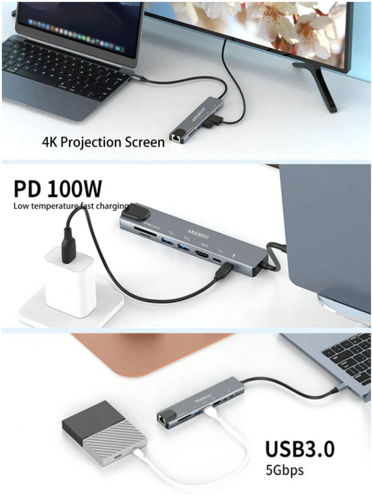 8-In-1 Type-C Docking Station (Ensure That Your Mobile Phone's Specifications Support HDTV Connection.)
