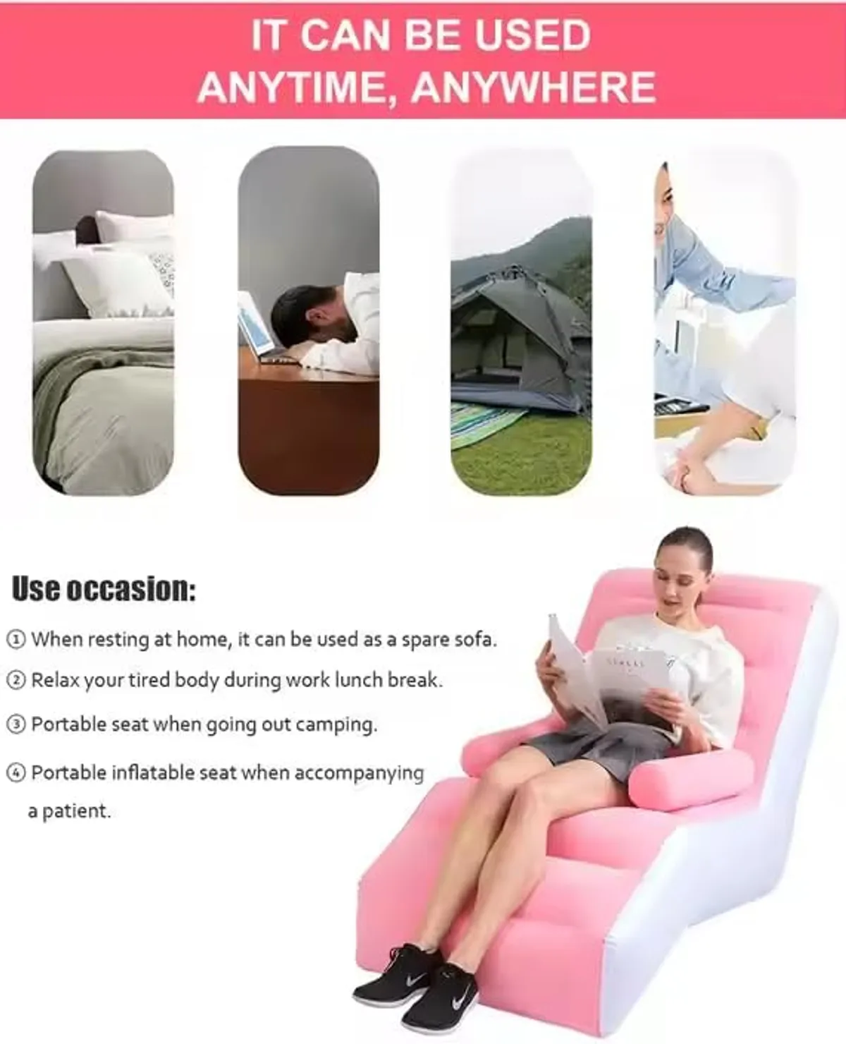 Inflatable Air Lounge Sofa Chair with Armrests & Headrest – Soft PVC Pink Recliner Sofa for Adults – Portable, Lightweight, Waterproof – Ideal for Living Room, Balcony, Travel, Camping