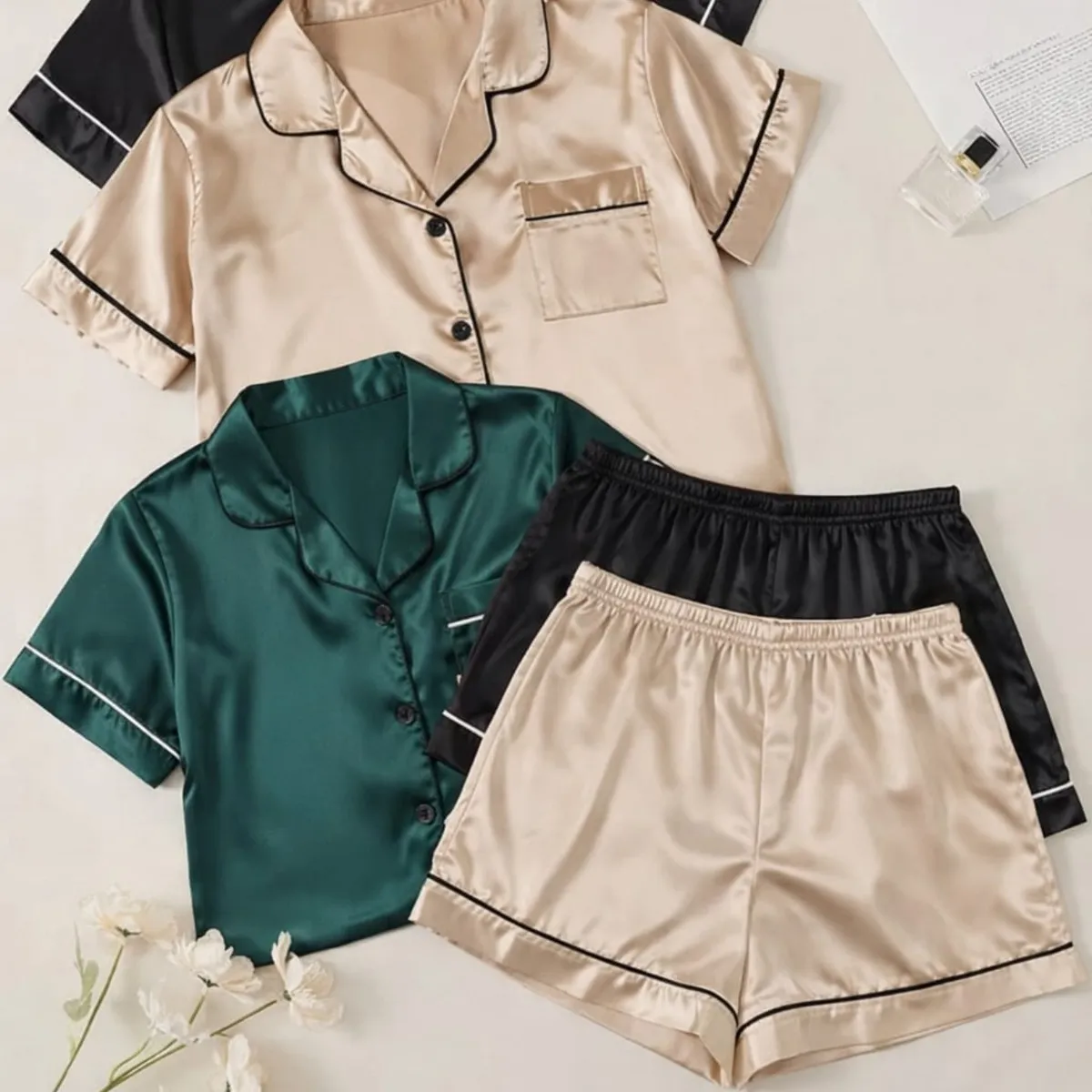 3 Pcs/Set Women Pajama Set Solid Color Silky Lapel Short Sleeve Single-breasted Top