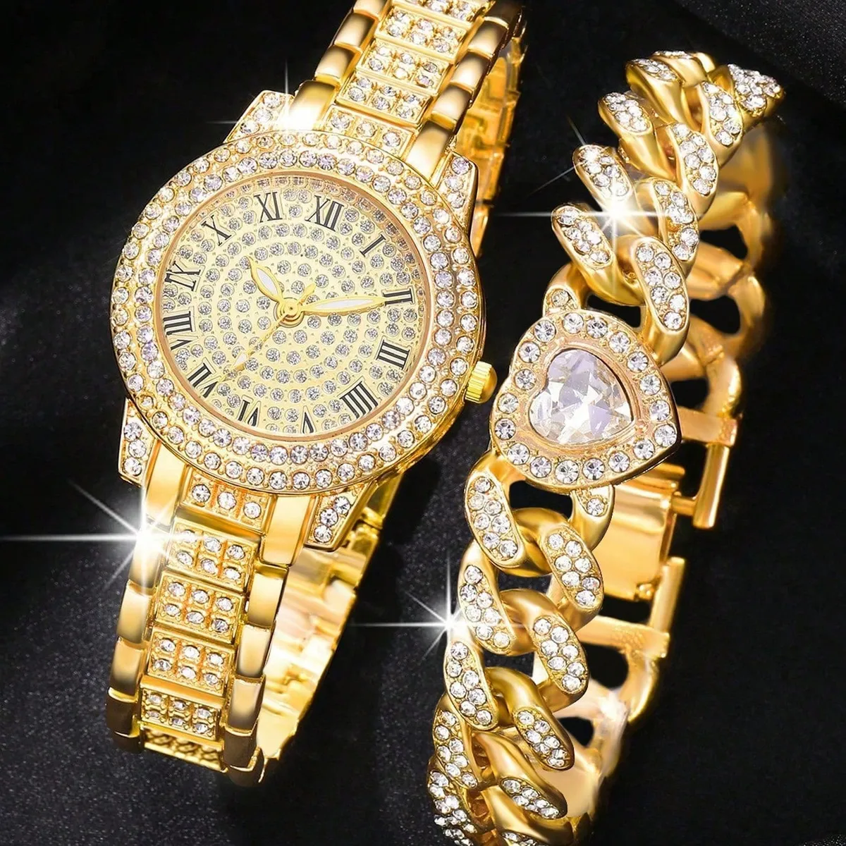 Women's Watch Set, Includes 1 Quartz Watch Encrusted With Diamonds & Gems And 1 Heart-Shaped Bracelet, Ideal For Daily Wear