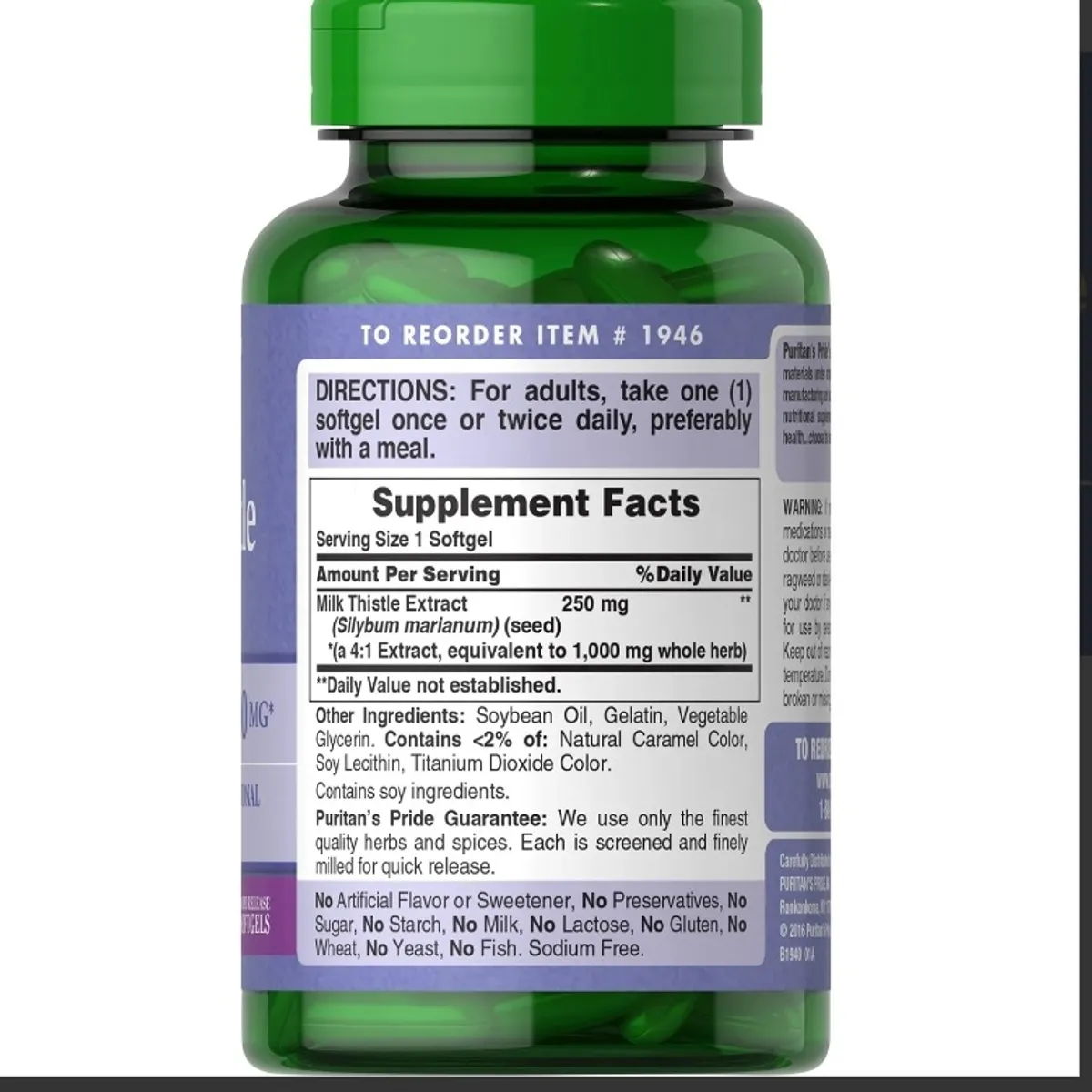 Puritans Pride Milk Thistle 4:1 Extract 1000 Mg (silymarin) Softgels, 180 Count