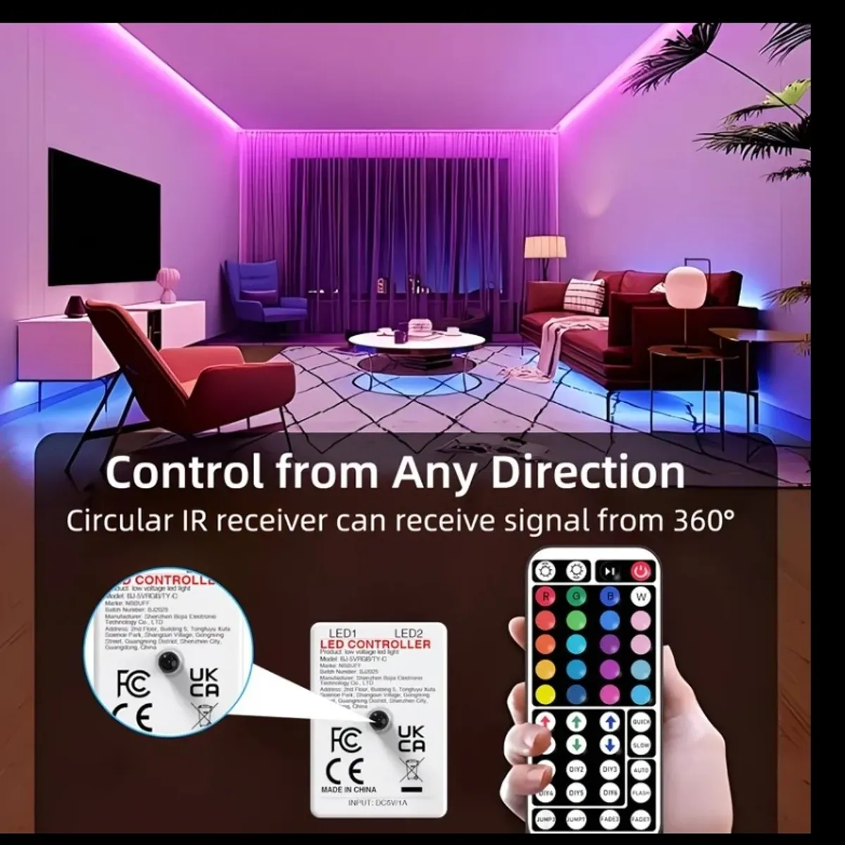 16.4ft (5m) LED Strip Lights for Bedroom, with 44-key Remote Control and USB Power Supply, DIY mode