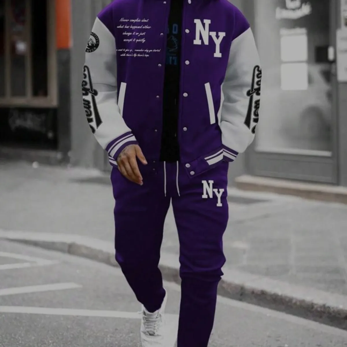Unisex  Purple & White New York Print, Baseball Jacket And Pants Set- Size S