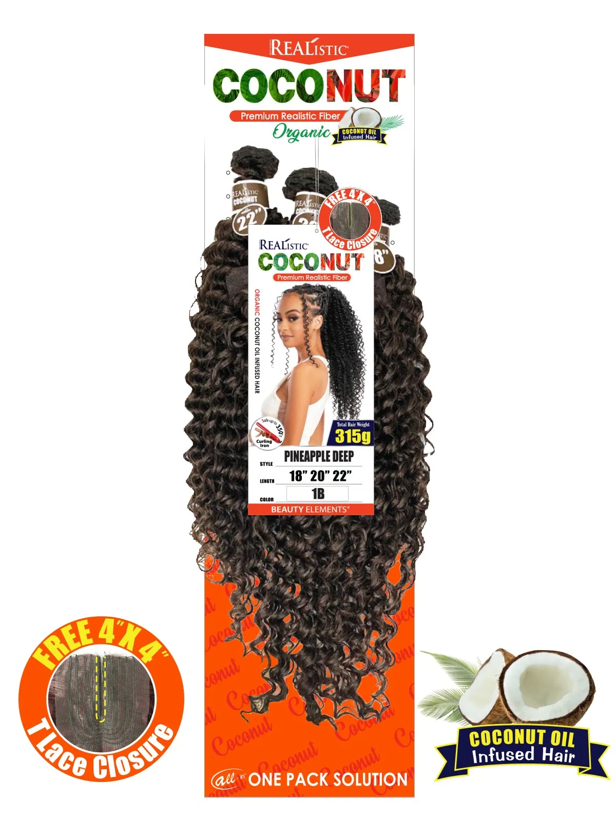 Realistic Coconut 18"/20"/22" , Pineapple Deep Twist, T1B30