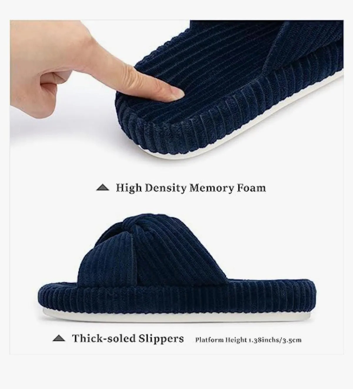 Chantomoo Slippers for Women Memory Foam House Bedroom Corduroy Bow Navy Blue - Size 7