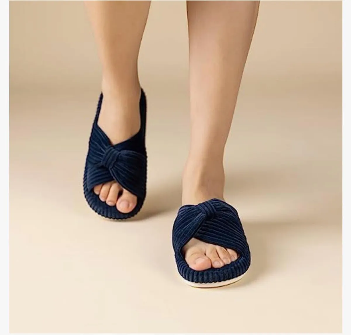 Chantomoo Slippers for Women Memory Foam House Bedroom Corduroy Bow Navy Blue - Size 7