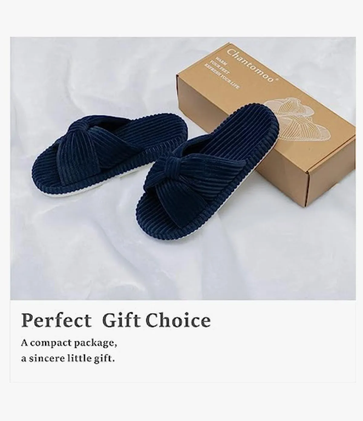 Chantomoo Slippers for Women Memory Foam House Bedroom Corduroy Bow Navy Blue - Size 7