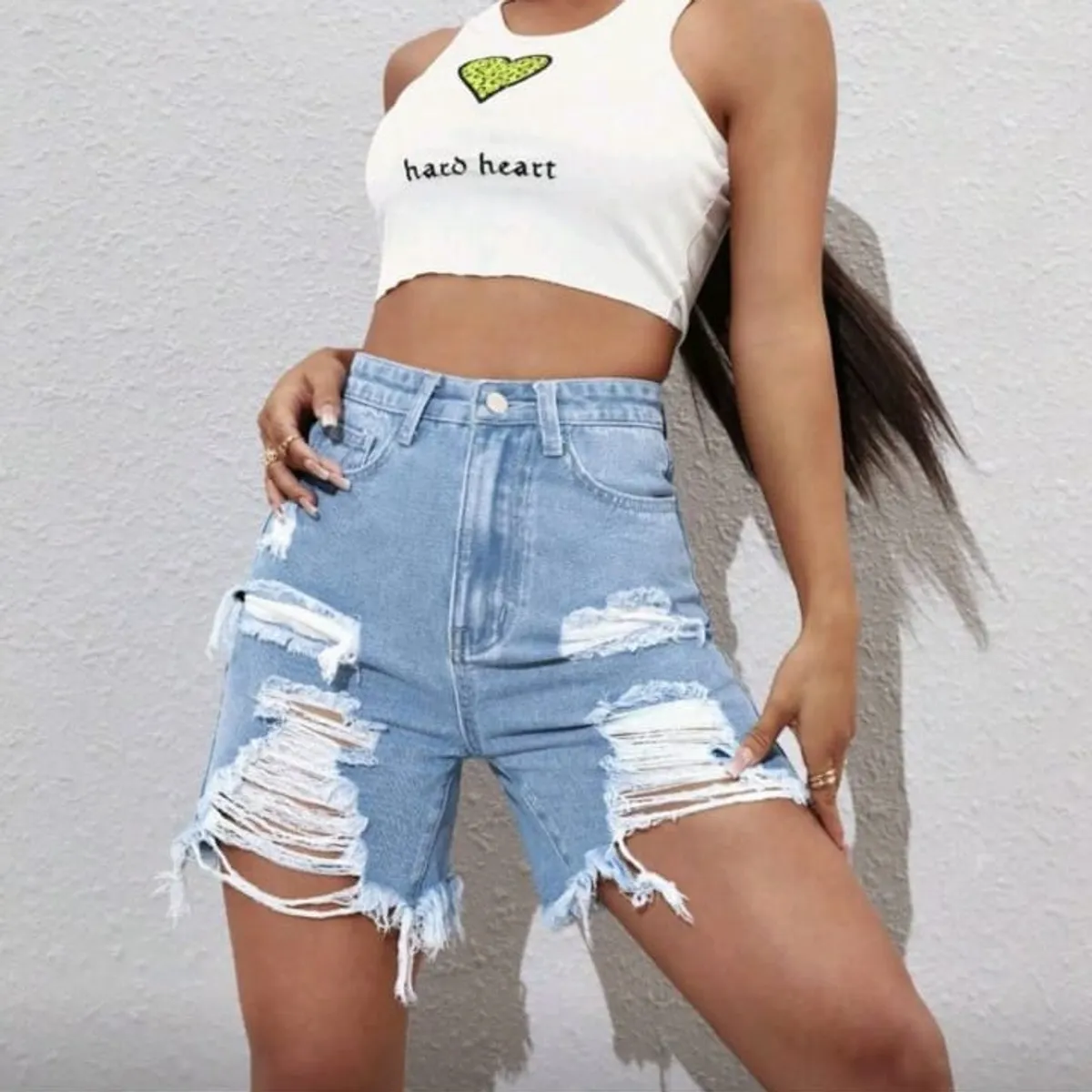Ripped Raw Hem Denim Shorts - Size: S
