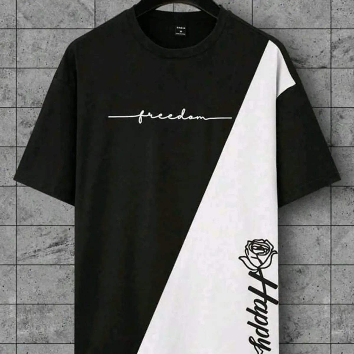 Homme Plus Size Men Casual Color Block Two Tone Letter & Floral Print Dropped Shoulder Loose T-Shirt - Size: XL