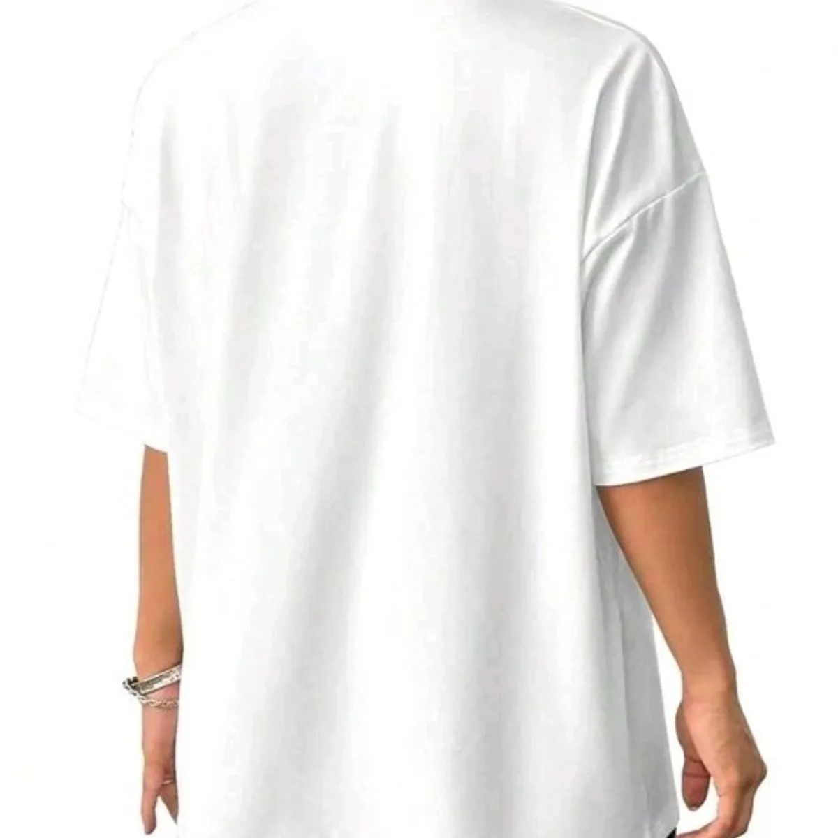 Women's White Slogan Printed Short Sleeve Round Neck T-Shirt-Size M
