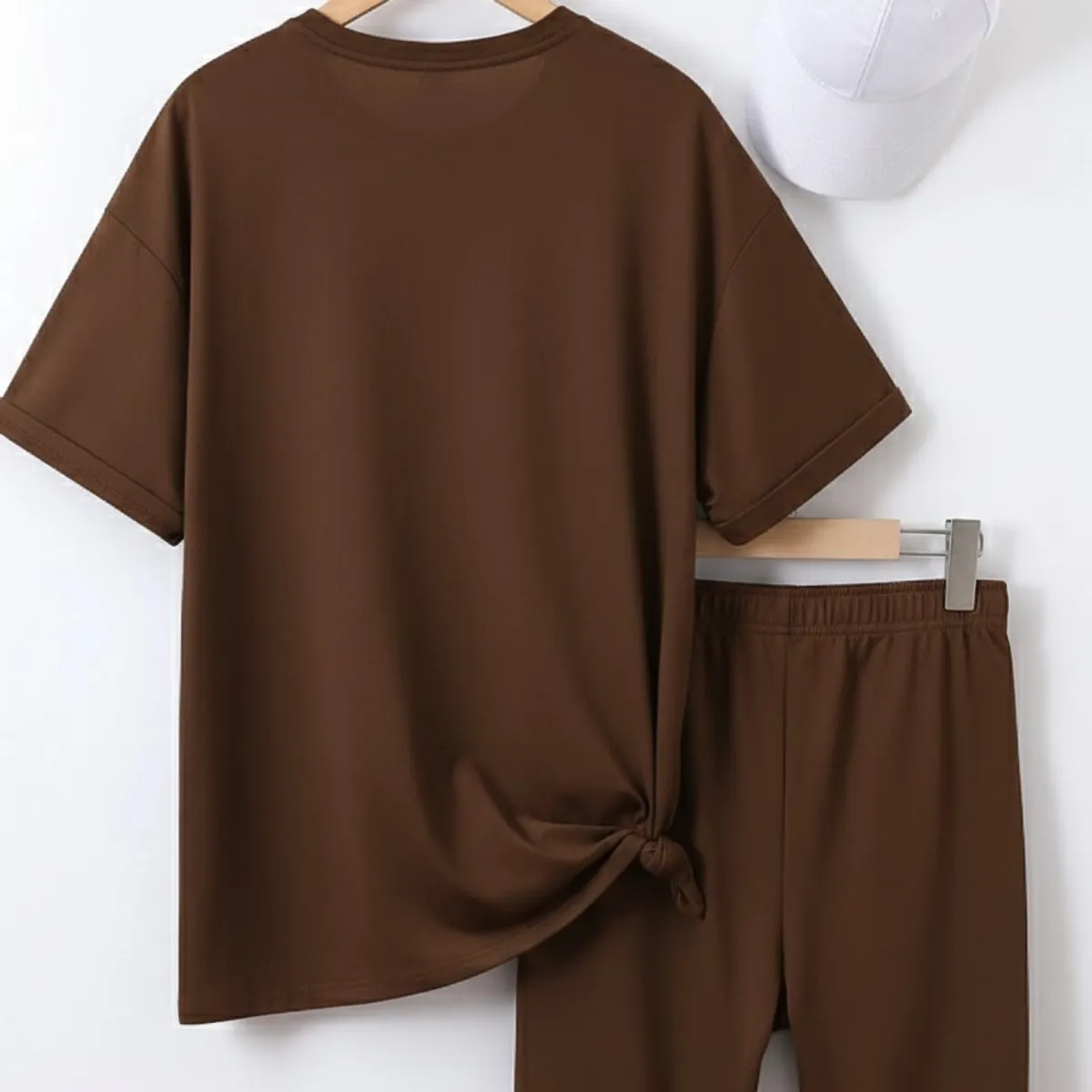 2pcs/Set Teen Girls' Street Style T-Shirt And Knit Shorts For Base Layers, School, Campus Or College Size 14Y