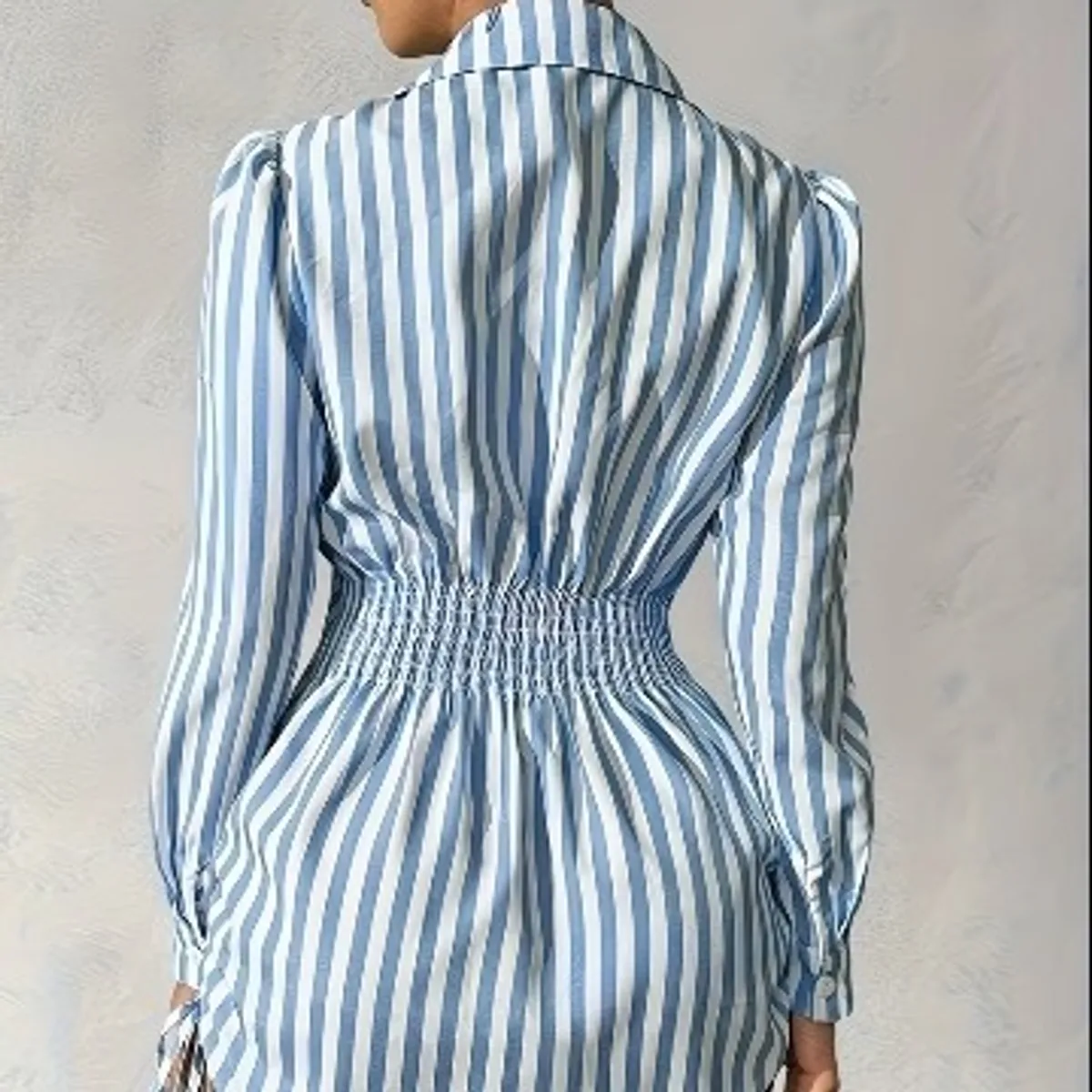 Women's Blue & white Button- Up Collar Long-Sleeve Striped Mini Shirt Dress with Side Drawstring-Size 2XL