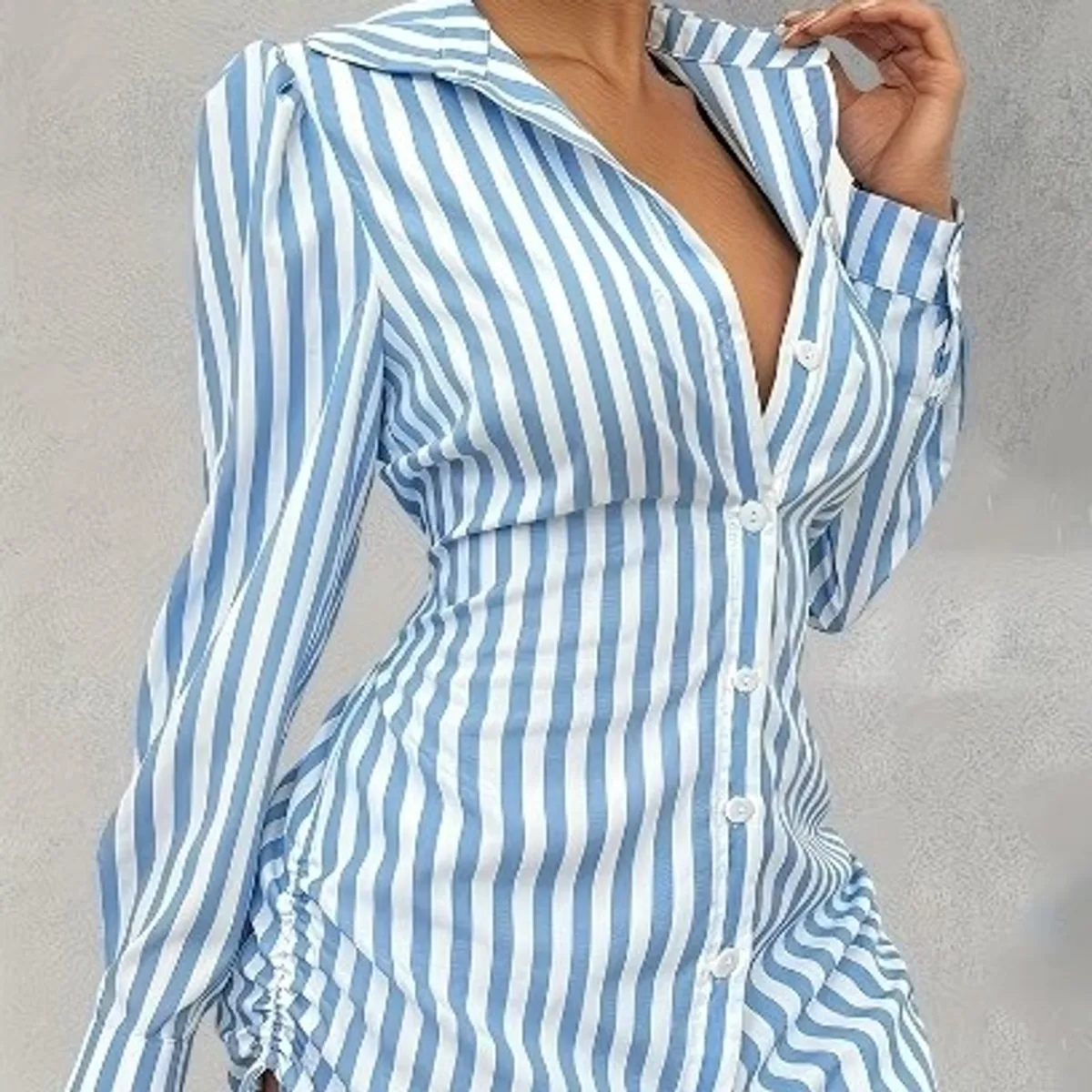 Women's Blue & white Button- Up Collar Long-Sleeve Striped Mini Shirt Dress with Side Drawstring-Size 2XL