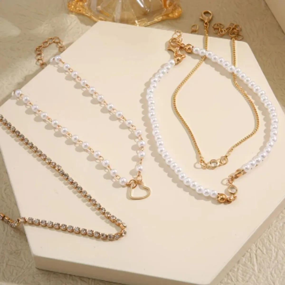 4pcs Set Simple Heart Rhinestone Bracelet Set
