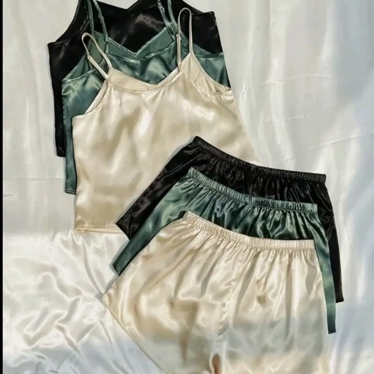 Women's 3pcs Green, Black & Cream Cami Top & Shorts PJ Set-Size L