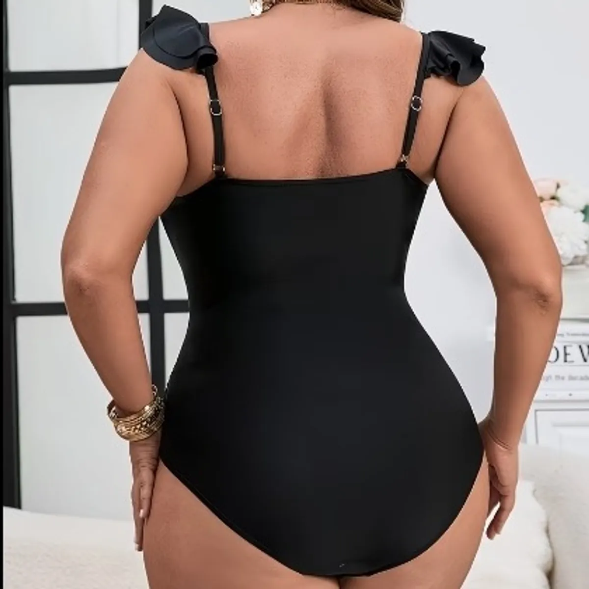 Women's  Black One-Piece Swimsuit with Ruffle Trim-Size XL