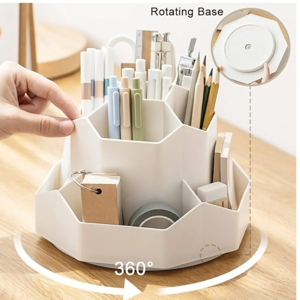 White Pencil Pen Holder for Desk, 9 Slots 360° Rotating Desk Organizers