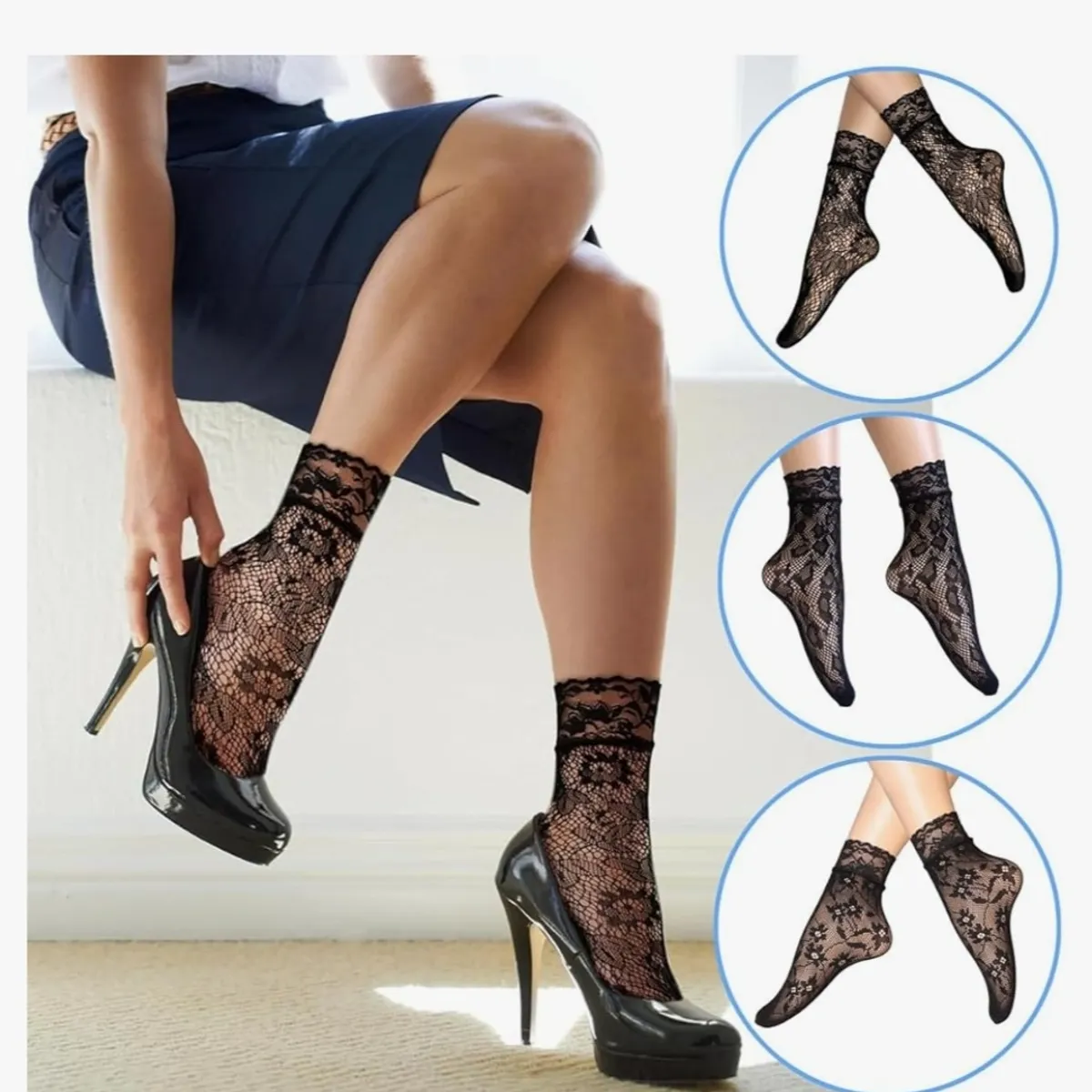 Women's 6 Pairs Black Lace Ankle Socks Sheer Fishnet