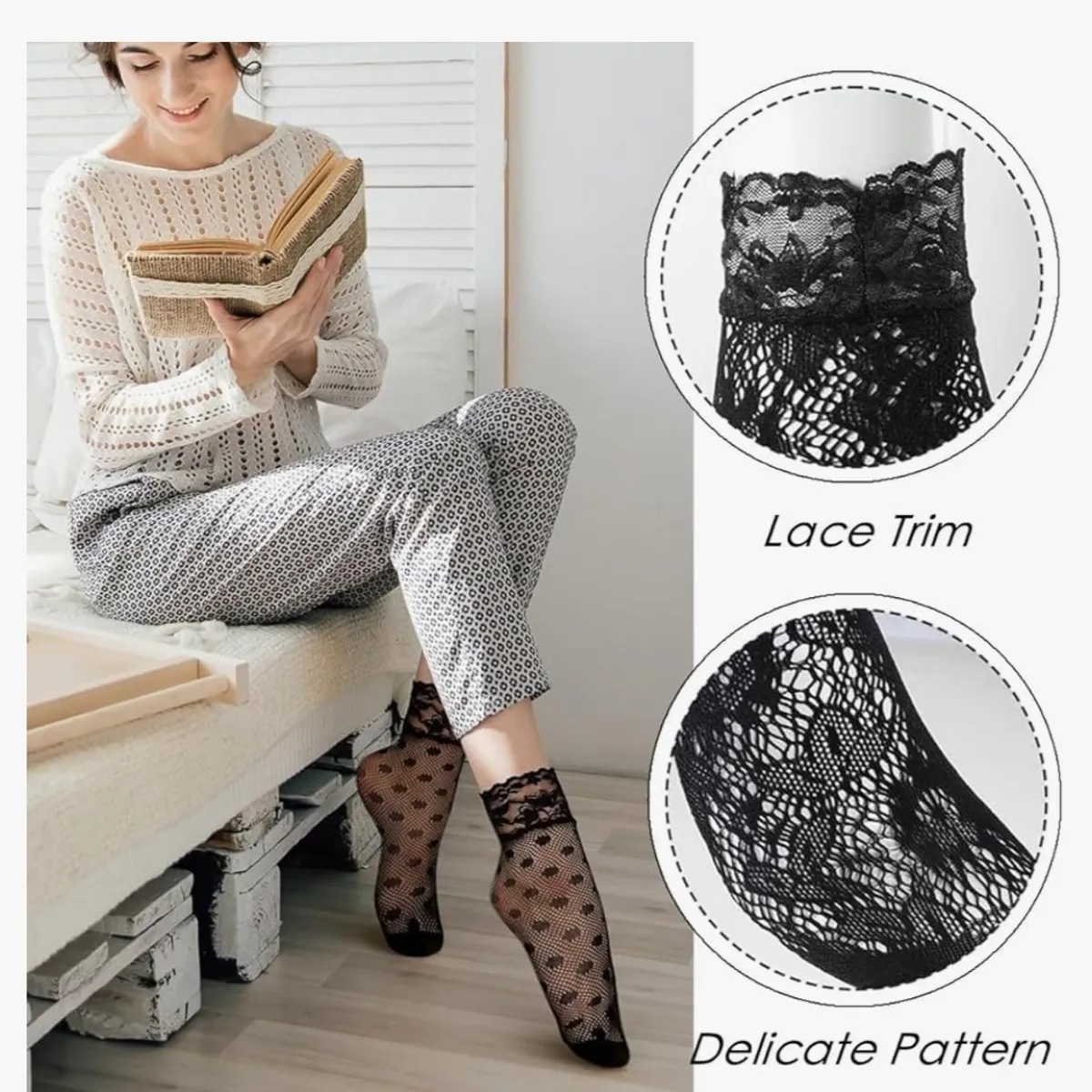 Women's 6 Pairs Black Lace Ankle Socks Sheer Fishnet