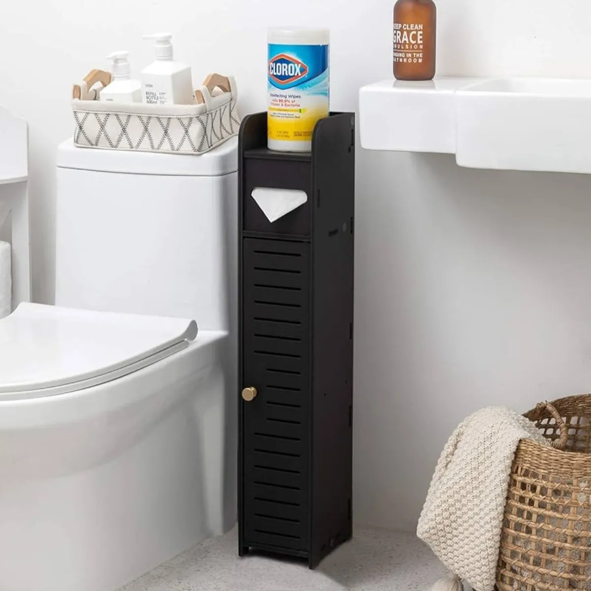 Toilet Roll Holder,Chrome Toilet Paper Holder Behind Toilet Storage for Restroom Cabinet