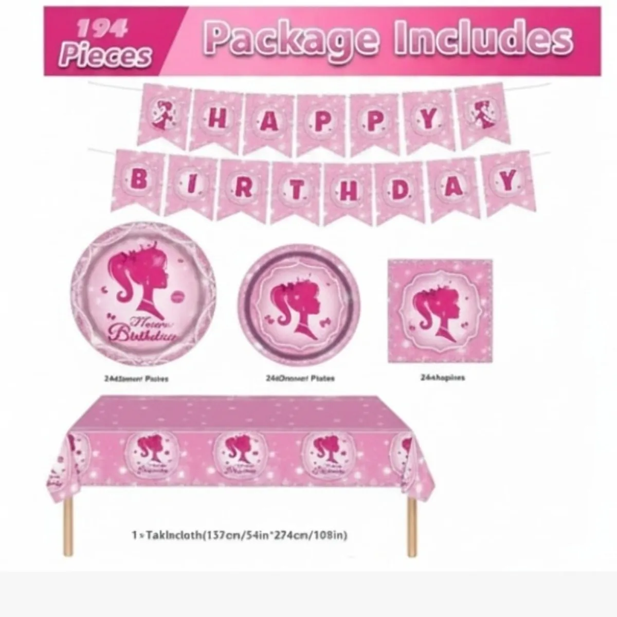 Pink Girl Babe Happy Birthday Party Supplies Babe Head Paper Plates, Cups ,Straw ,Napkins  & Tablecloth
