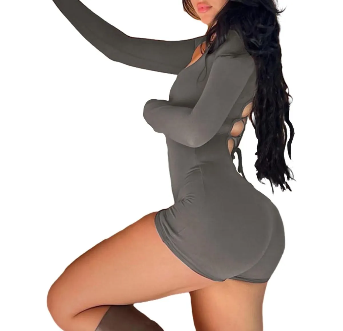 Women's Grey Jumpsuits Unitard Bodysuits Long Sleeve Back Lace Up One Piece Stretchy Bodycon Shorts Yoga Rompers - Size S.