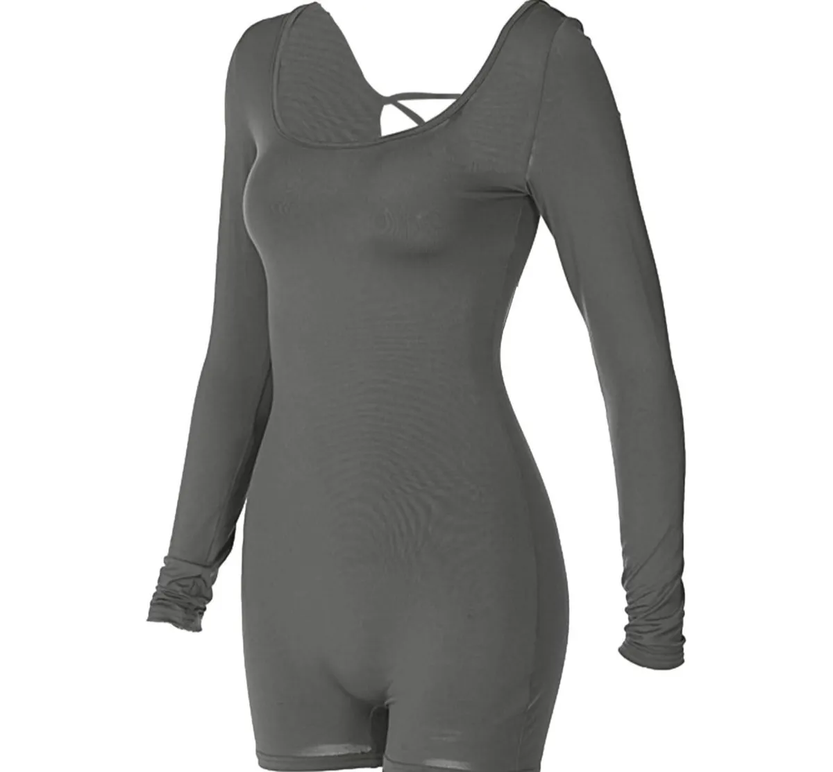 Women's Grey Jumpsuits Unitard Bodysuits Long Sleeve Back Lace Up One Piece Stretchy Bodycon Shorts Yoga Rompers - Size S.