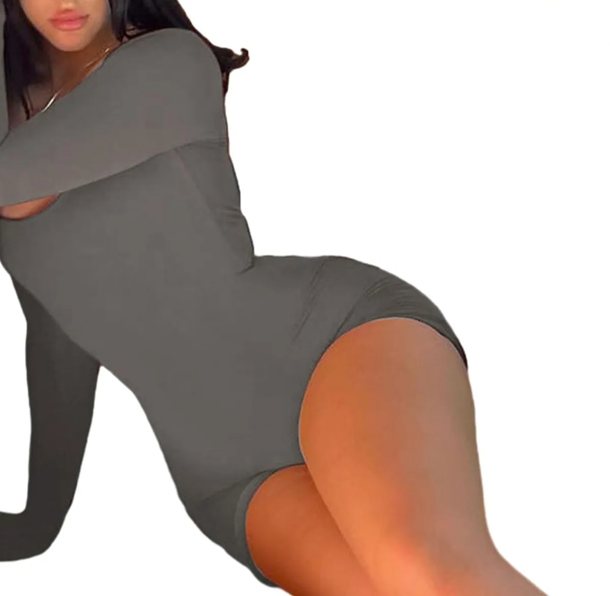 Women's Grey Jumpsuits Unitard Bodysuits Long Sleeve Back Lace Up One Piece Stretchy Bodycon Shorts Yoga Rompers - Size S.