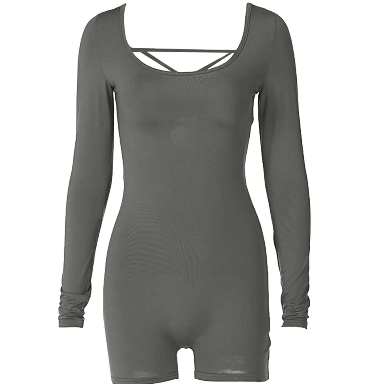 Women's Grey Jumpsuits Unitard Bodysuits Long Sleeve Back Lace Up One Piece Stretchy Bodycon Shorts Yoga Rompers - Size S.