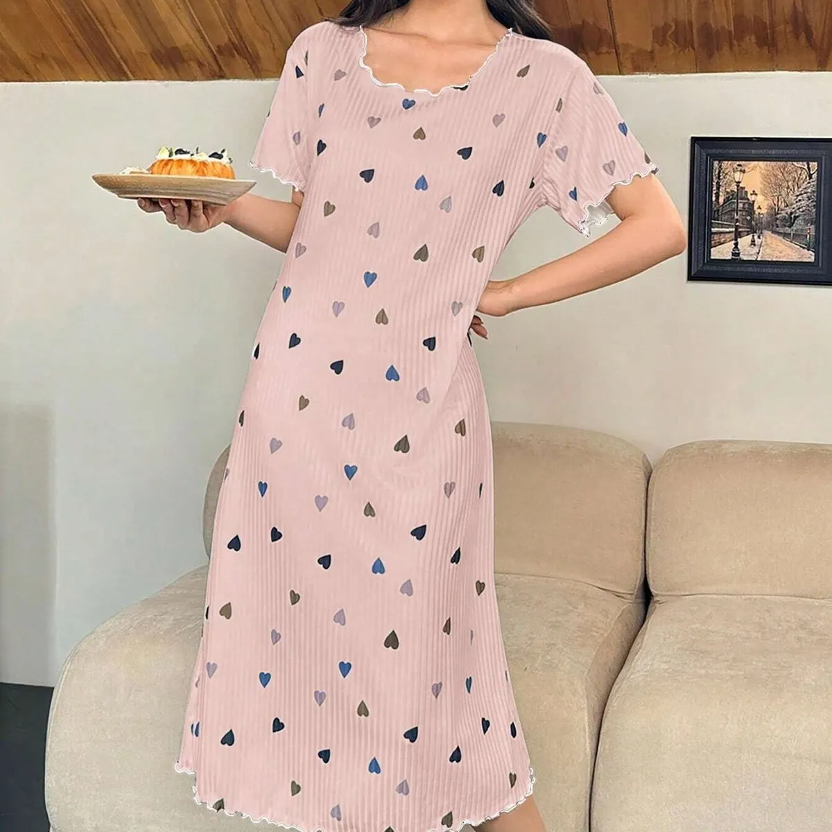 Snug Zone Colorful Heart Print Short Sleeve Nightgown Babydoll Holiday Season  Cozy And Elegant Details-Size XL