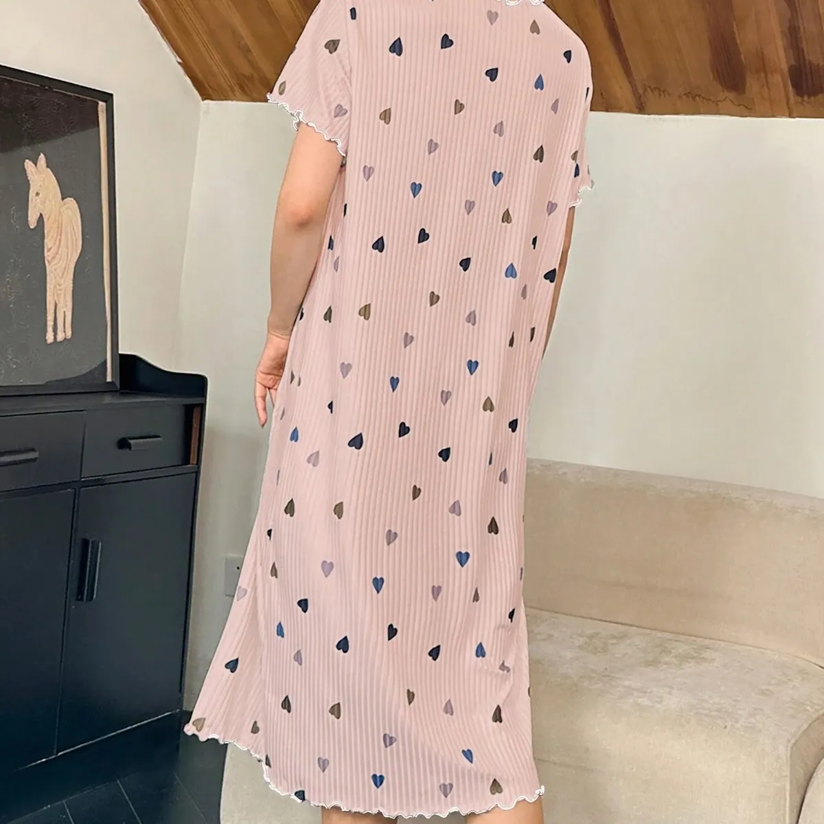 Snug Zone Colorful Heart Print Short Sleeve Nightgown Babydoll Holiday Season  Cozy And Elegant Details-Size XL