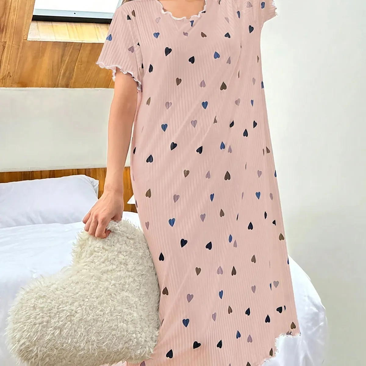 Snug Zone Colorful Heart Print Short Sleeve Nightgown Babydoll Holiday Season  Cozy And Elegant Details-Size XL