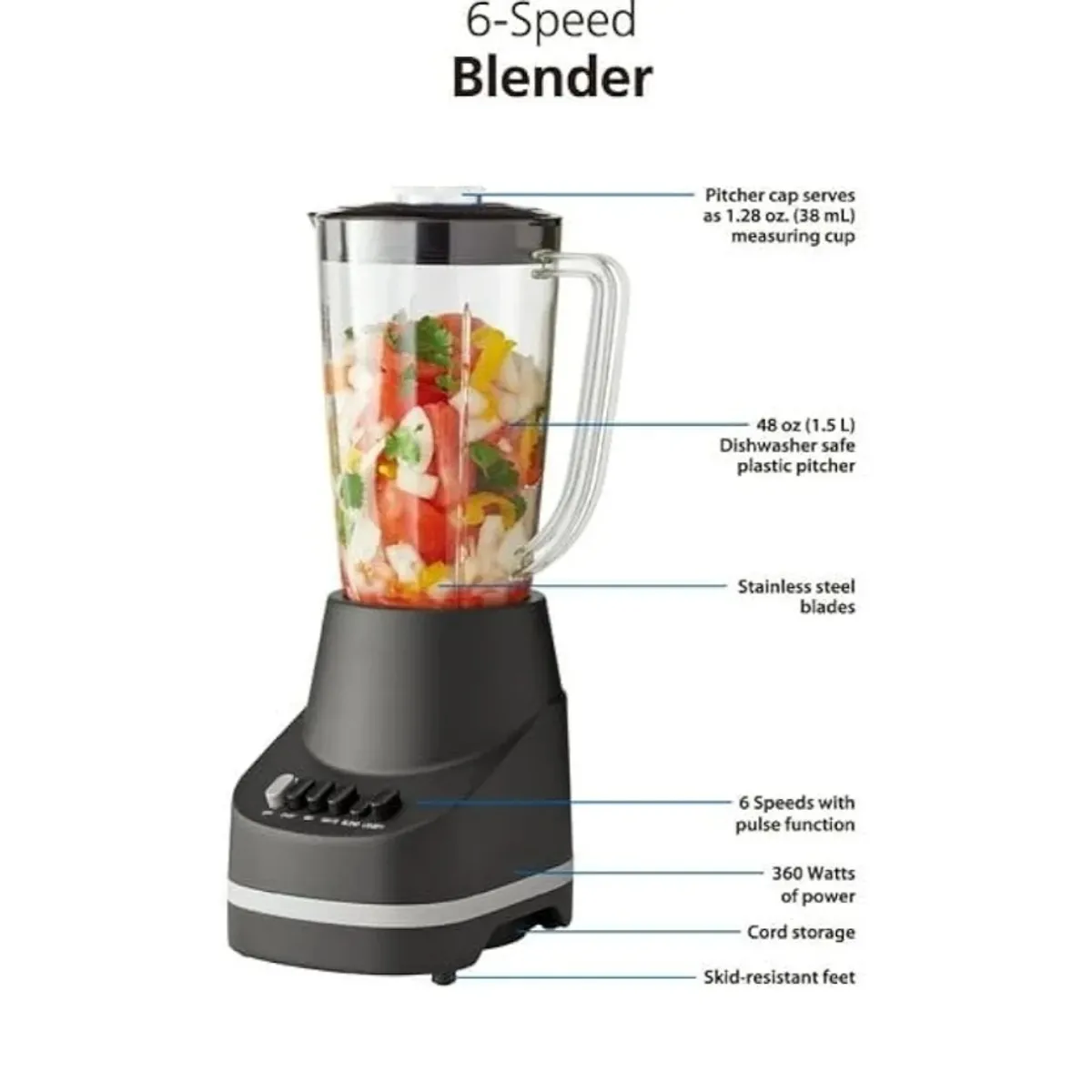 Mainstay 6 Speed Blender With 48oz dishwasher Safe Plastic Pitcher