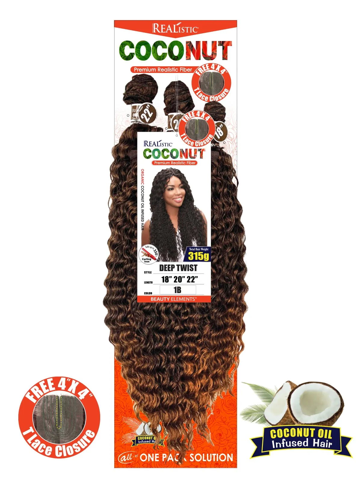 Realistic Coconut 18"/20"/22", Deep Twist, 4