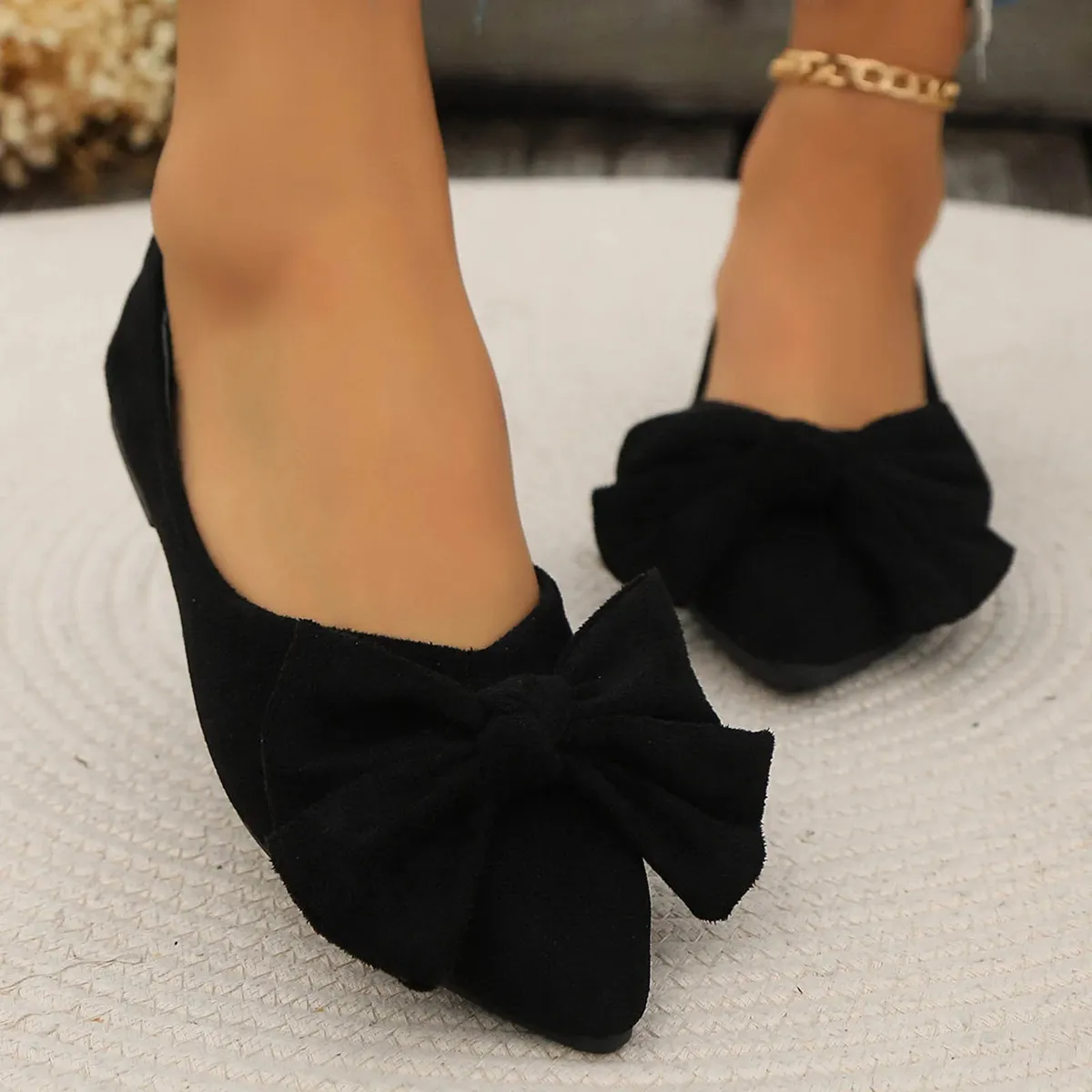 Women Fashion Bowknot Flats Comfort Pointed Toe Dress Shoes-Size 8