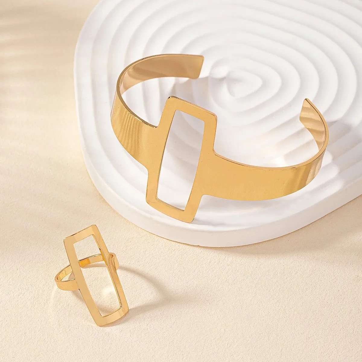 1pc Metallic Fashionable Geometric Bangle And 1pc Geometric Ring