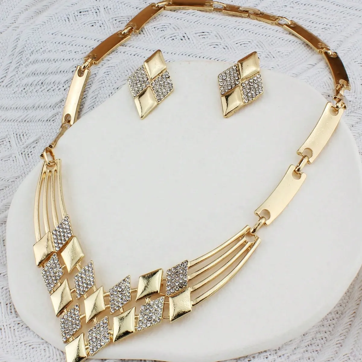 3pcs Women's Rhombus Crystal Jewelry Set, Necklace & Earrings, Gold Plated