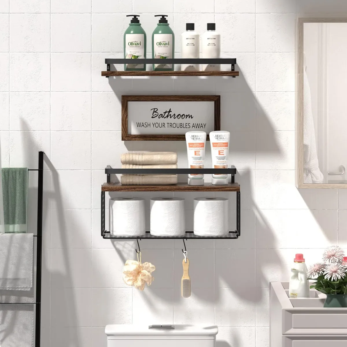 Floating Wall Shelves with Metal Guardrail, Wooden Shelf with Toilet Paper Basket, Ideal for Bathroom, Bedroom, Kitchen, 16"L x 6"W