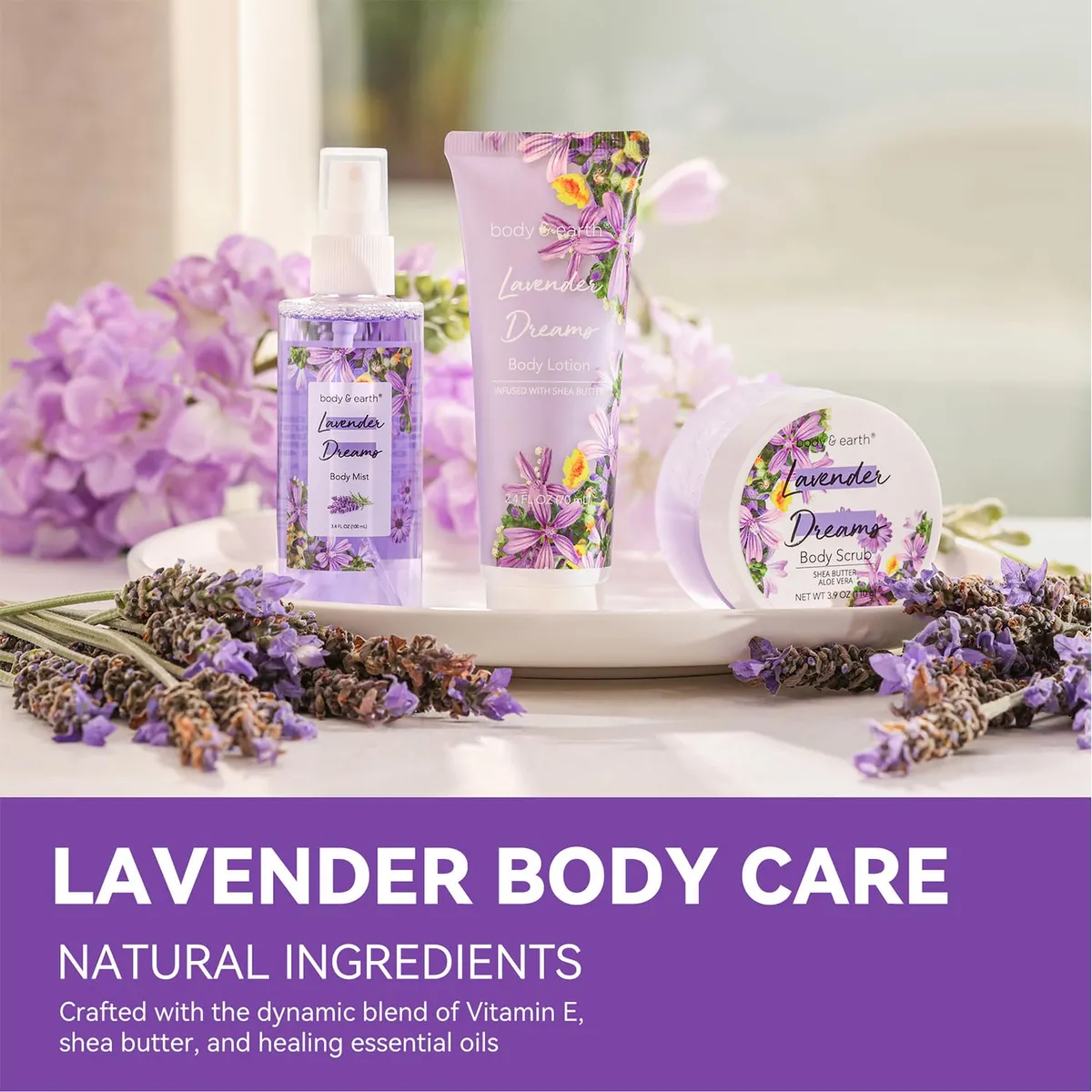 BODY & EARTH Body Mist Gift Set - Spa Gifts for Women, Perfume, Body Lotion, and Body Scrub in a Lavender Dreams Box