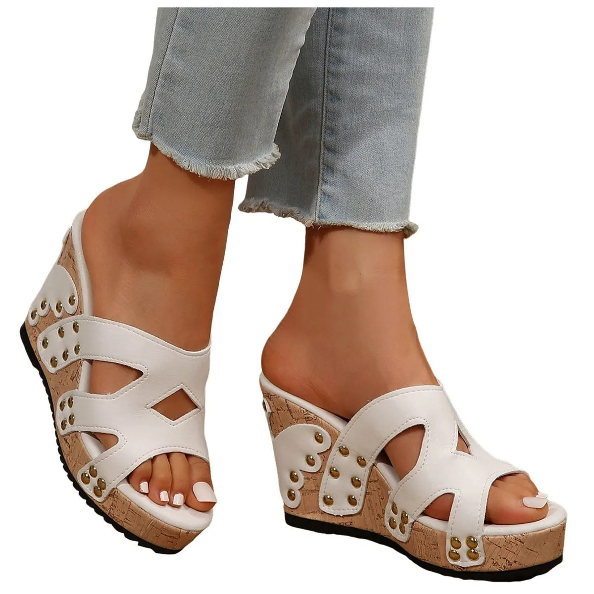 Womens Cork Wedge Sandals High Platform Open Toe Slippers Slip on Chunky Heels Casual Shoes Size cn39