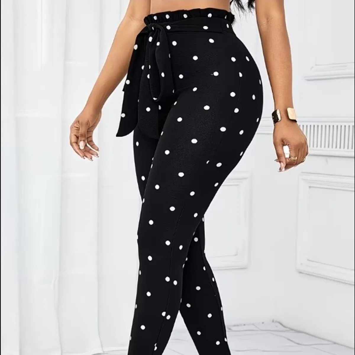 Women's Black Polka Dot Slim Leggings-Size S
