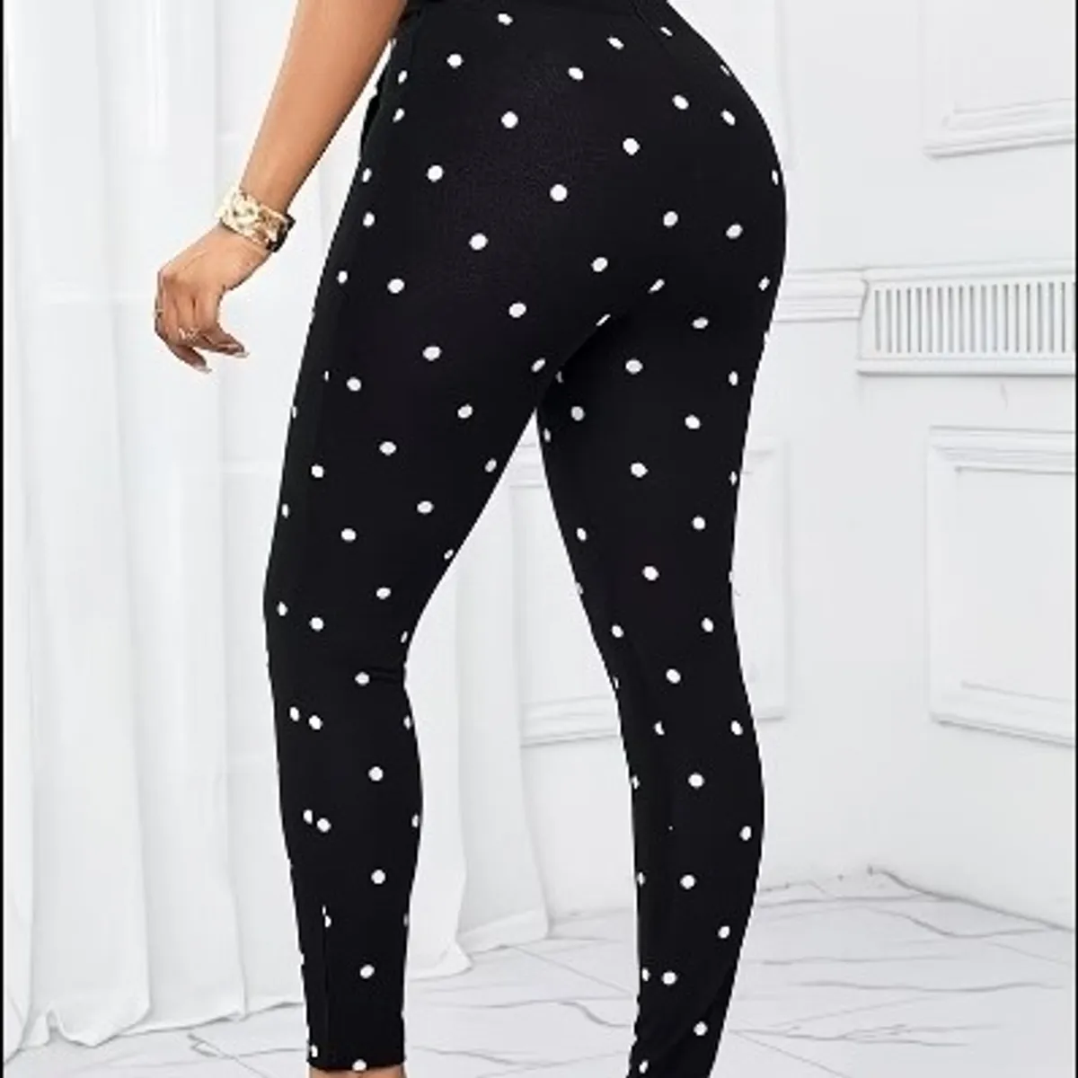 Women's Black Polka Dot Slim Leggings-Size S