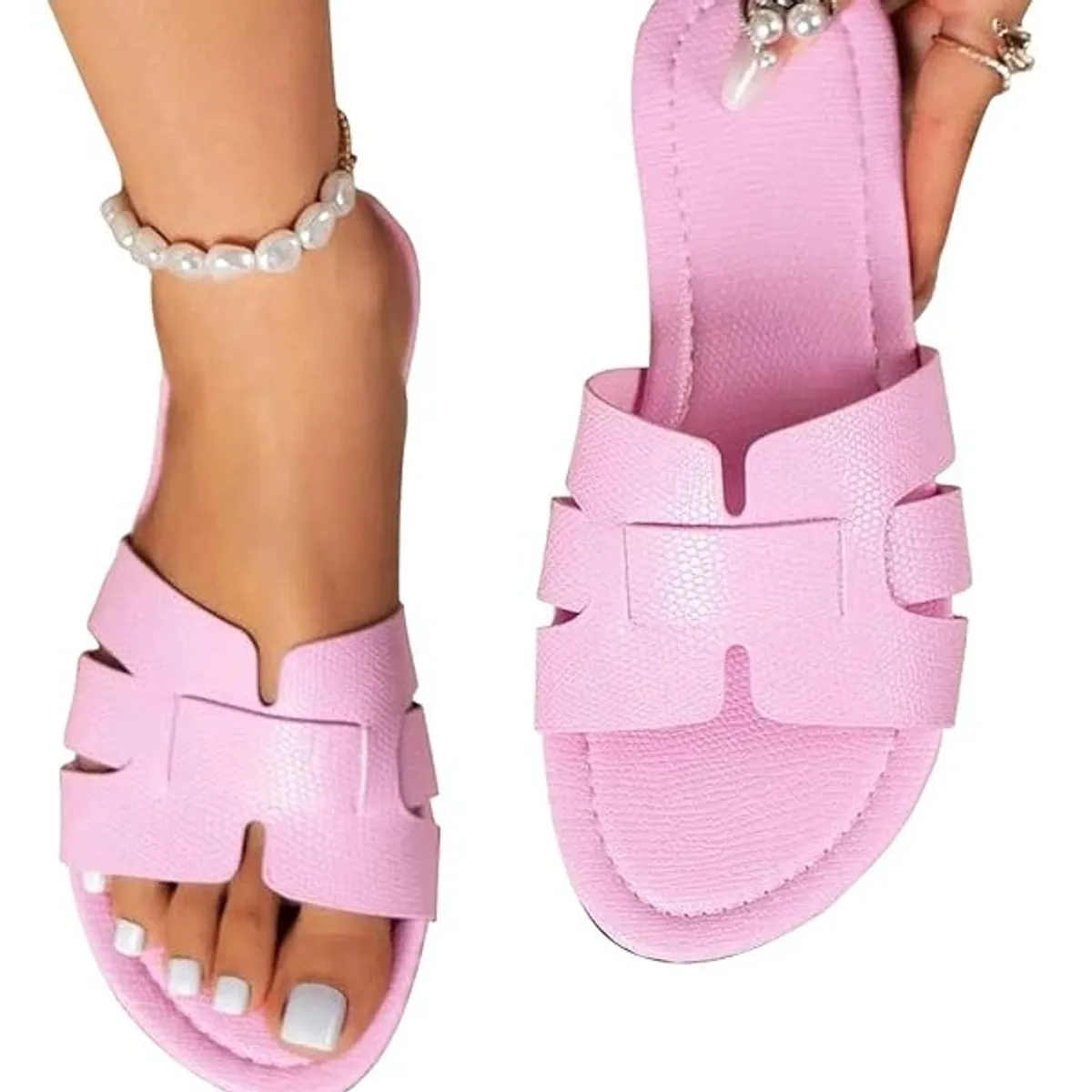 Womens Open Toe Flat Slider Leather Non Slip Beach Flip Flops-Size 11