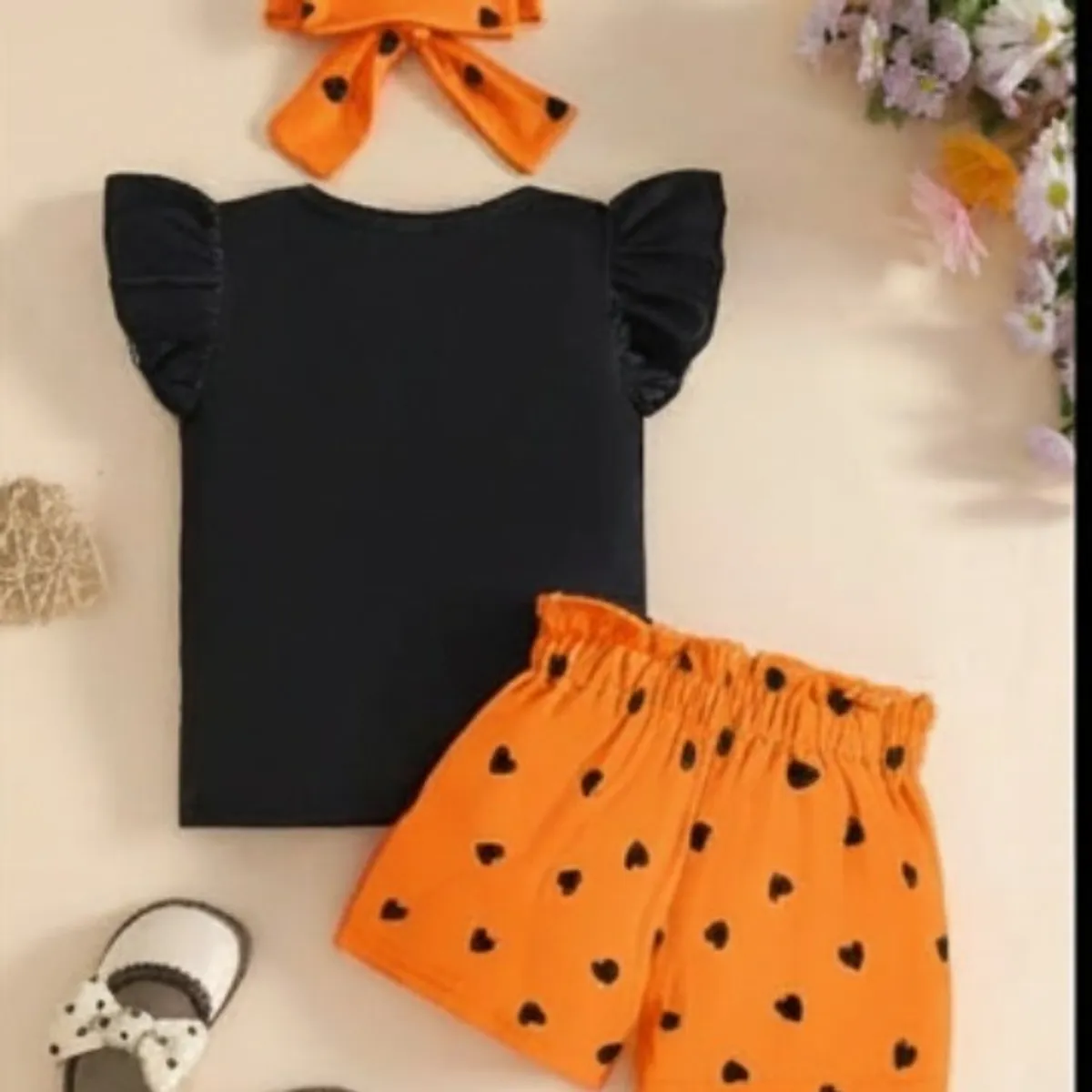 Girl 2pcs Orange Round-Neck Cartoon Cat Print Short-Sleeve Top And Heart-Patterned Shorts Set-Size 5-6 Y